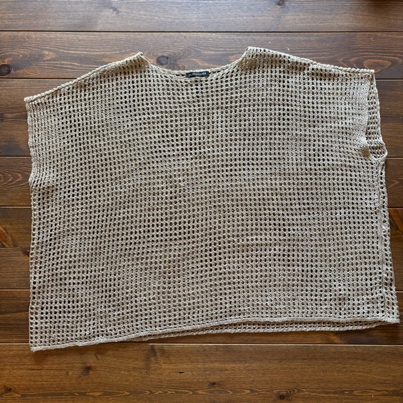 Eileen Fisher 100% Linen Open Knit Crochet Bateau Neck Boxy Top Tan | Size Small - Picture 2 of 10